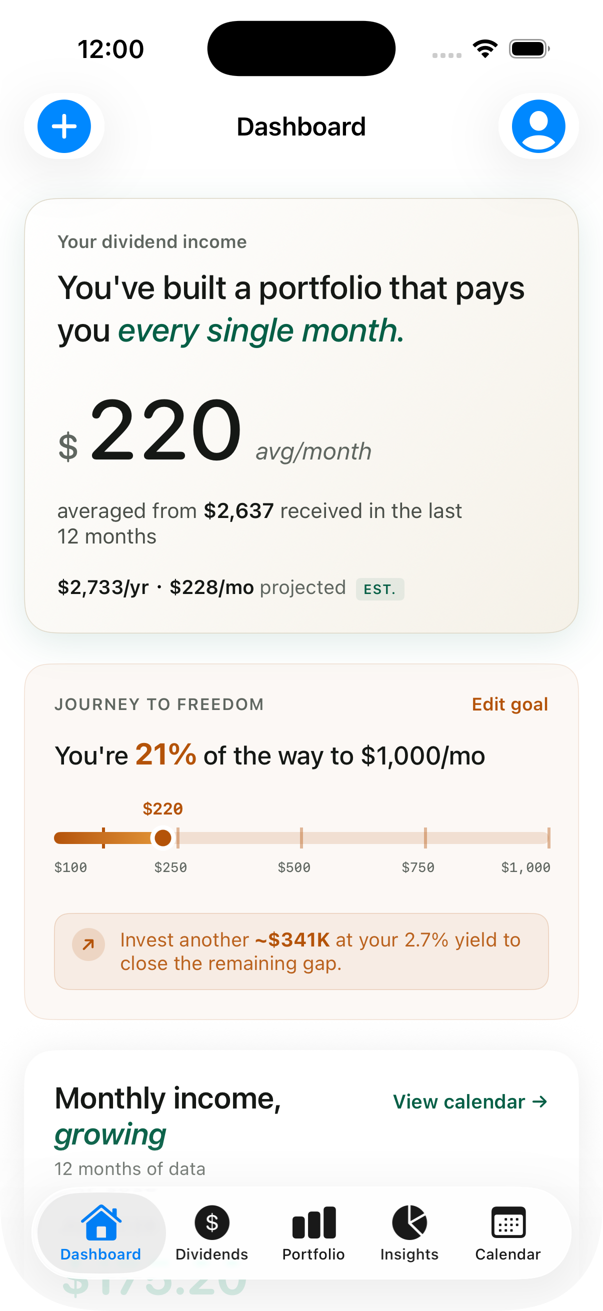MerryDiv iOS app dashboard: forward 12-month dividend income, income goal progress, monthly bar chart, and recent payouts.